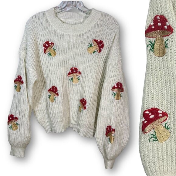 ??? Sweaters - Cottagecore Sweater Women's XL Red Mushroom Embroidered Cropped Balloon Sleeve